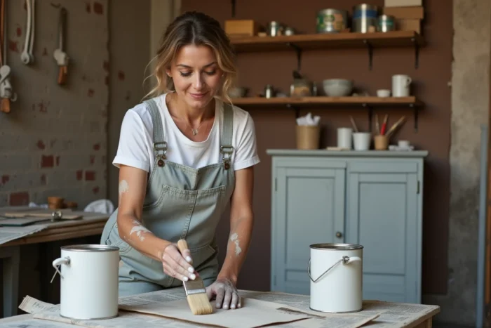 Femme appliquant la peinture Libéron sur un meuble en bois avec un pinceau dans un atelier de bricolage