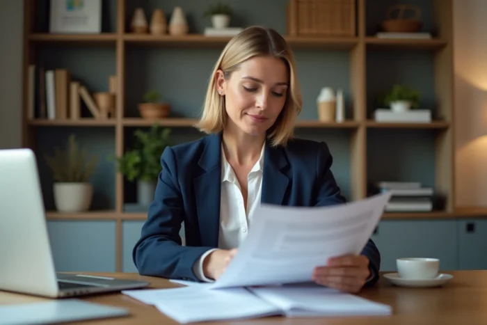 Femme professionnelle consultant un devis imprimé à son bureau avec un ordinateur portable ouvert