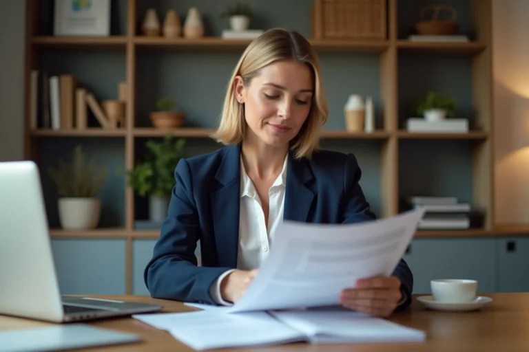 Femme professionnelle consultant un devis imprimé à son bureau avec un ordinateur portable ouvert