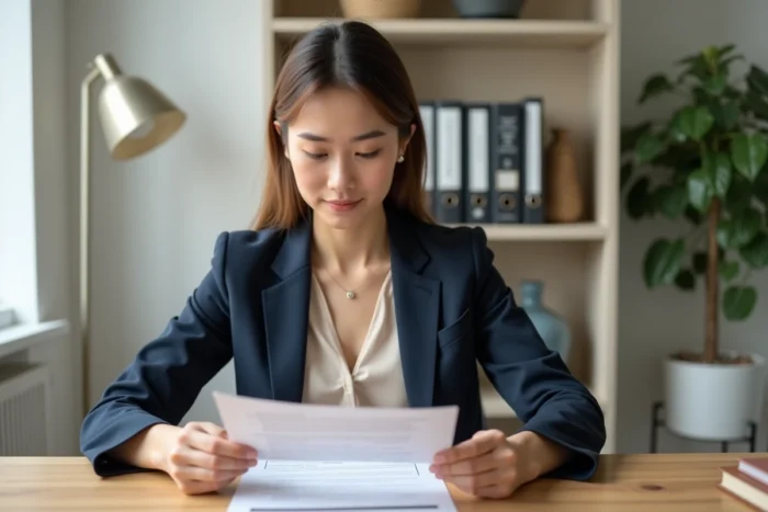 Femme professionnelle consultant un template de devis gratuit à son bureau moderne