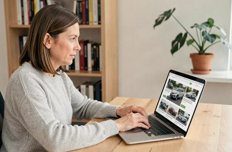 Femme recherchant une voiture sur un annuaire automobile en ligne depuis son bureau à domicile