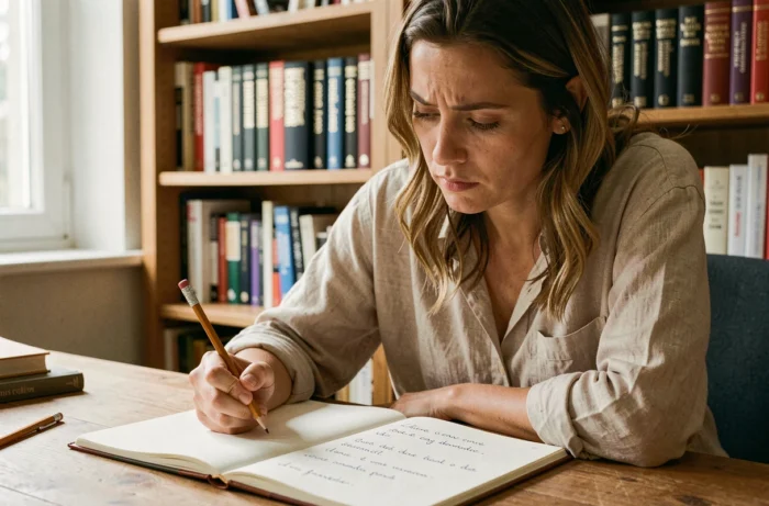 Femme réfléchissant à l'orthographe correcte d'une expression française dans un carnet ouvert sur un bureau en bois