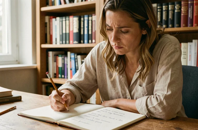 Femme réfléchissant à l'orthographe correcte d'une expression française dans un carnet ouvert sur un bureau en bois