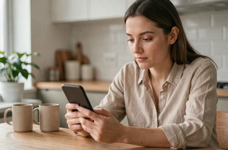 Femme utilisant un smartphone Android dans une cuisine moderne en 2024