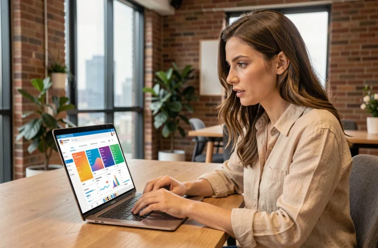 Femme consultant les dernières tendances du web sur un ordinateur portable dans un bureau moderne et lumineux