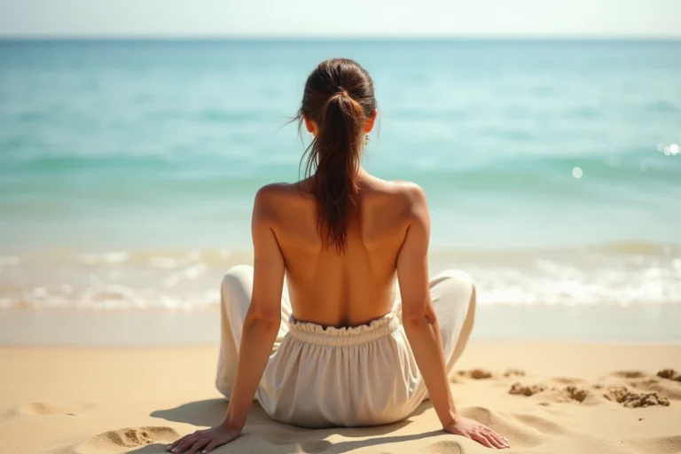 Femme de dos assise sur une plage méditerranéenne, topless, regardant la mer avec confiance