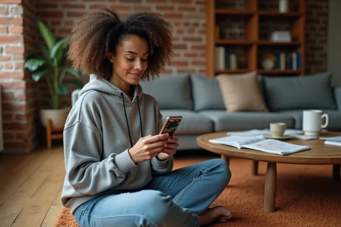 Jeune femme consultant une application de trading de Bitcoin sur smartphone dans un appartement urbain moderne