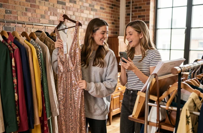 Deux femmes qui trient des vêtements de luxe vintage pour les revendre sur Vinted dans un loft moderne