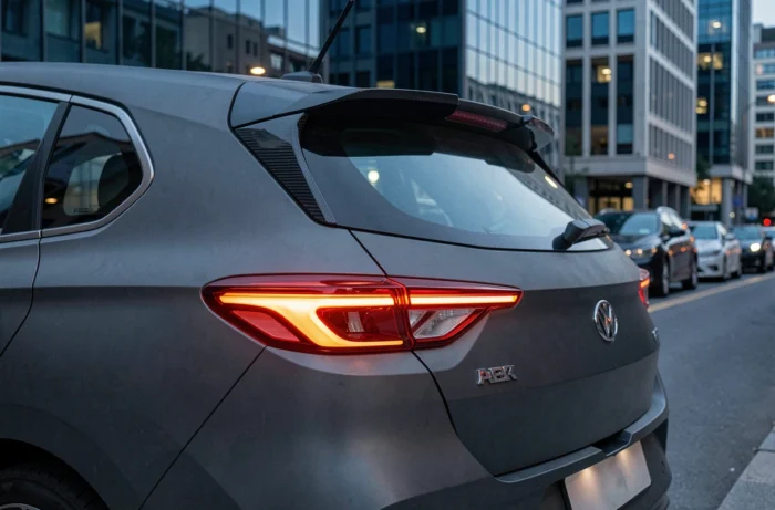 Détail des feux LED personnalisés et du diffuseur en fibre de carbone d'un hatchback modifié garé en milieu urbain