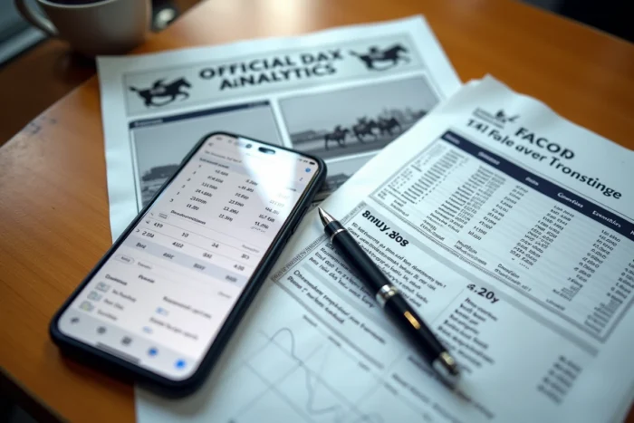 Vue aérienne d'un bureau avec programmes officiels de courses de trot, smartphone avec données Infonet 5 et notes manuscrites