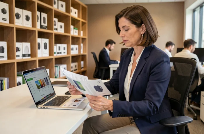 Femme professionnelle gérant une boutique salarié depuis un bureau moderne avec un tableau de bord e-commerce