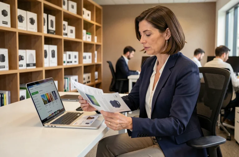 Femme professionnelle gérant une boutique salarié depuis un bureau moderne avec un tableau de bord e-commerce