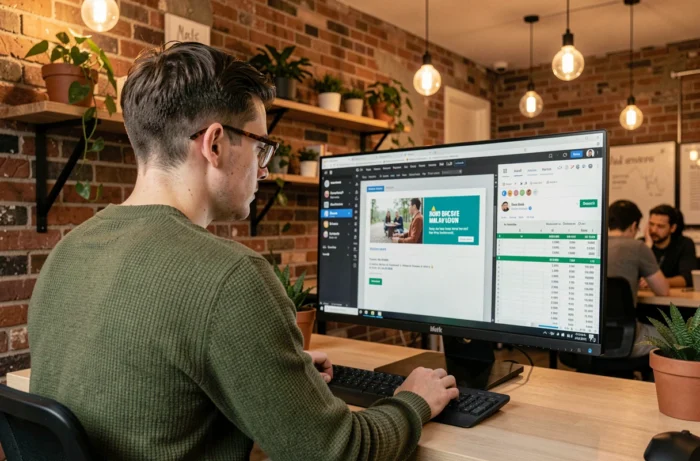 Graphiste spécialiste en publicité digitale travaillant sur une création visuelle pour une campagne de communication dans un espace de coworking