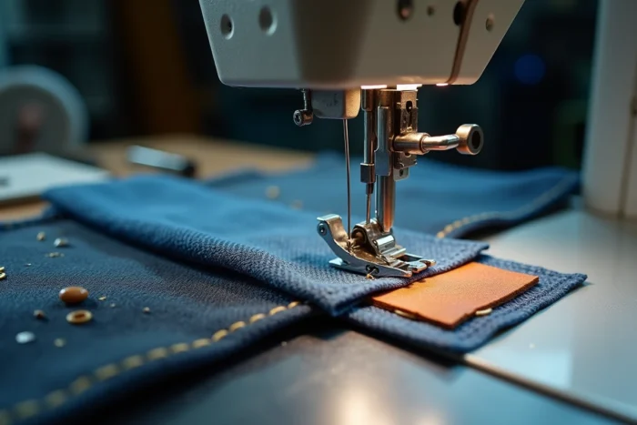 Gros plan sur l'aiguille d'une machine à coudre traversant plusieurs couches épaisses de toile, cuir et denim pour illustrer la performance sur grosses épaisseurs