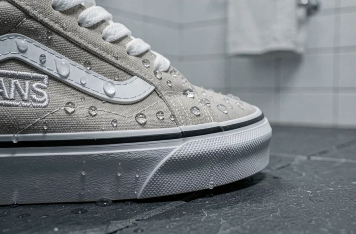 Gros plan sur la toile d'une Vans Old Skool traitée avec des gouttes d'eau perling sur la surface imperméabilisée