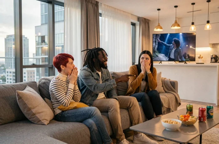 Groupe d'amis réagissant ensemble à une scène clé d'une série télévisée dans un appartement moderne