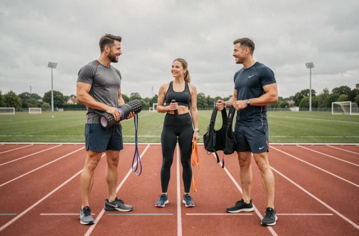 Groupe de sportifs discutant du choix d'équipements sportifs sur une piste d'athlétisme