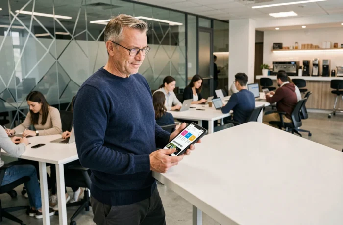 Homme professionnel consultant un agrégateur de nouvelles web sur une tablette dans un espace de coworking