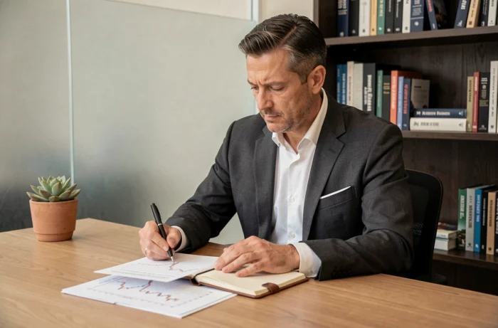Homme d'affaires en costume charbon analysant des graphiques financiers à un bureau minimaliste dans un bureau privé