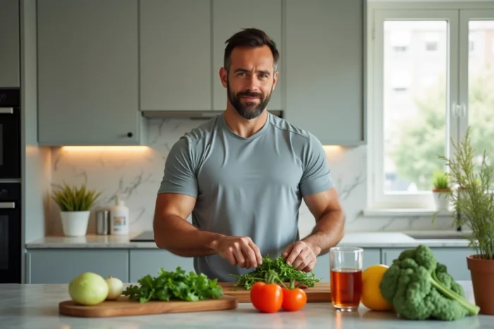 Homme préparant un repas sain dans une cuisine moderne dans le cadre d'un programme de réduction des CDT sur 10 jours