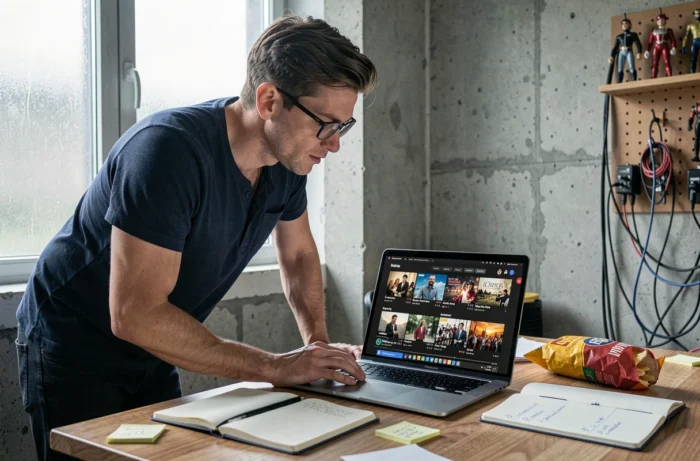Homme passionné de séries regardant une plateforme de streaming sur son ordinateur portable dans un bureau à domicile