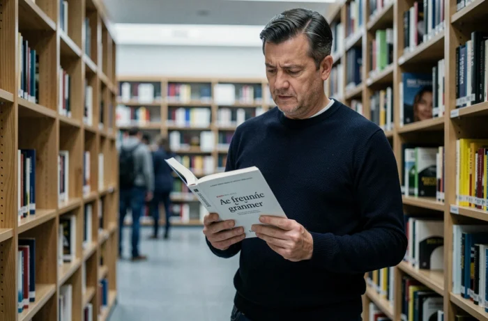 Homme consultant un livre de grammaire française dans une bibliothèque moderne pour vérifier une orthographe