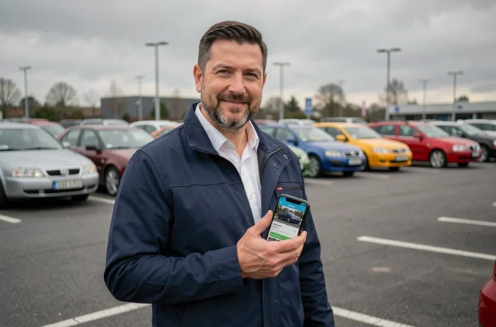 Homme consultant un annuaire de voitures en ligne sur smartphone dans un parking de concessionnaire
