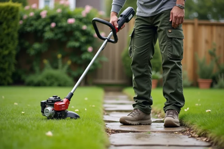 Homme utilisant un coupe-bordure thermique pour délimiter les bords d'une pelouse le long d'un chemin en pierre dans un jardin suburban soigné