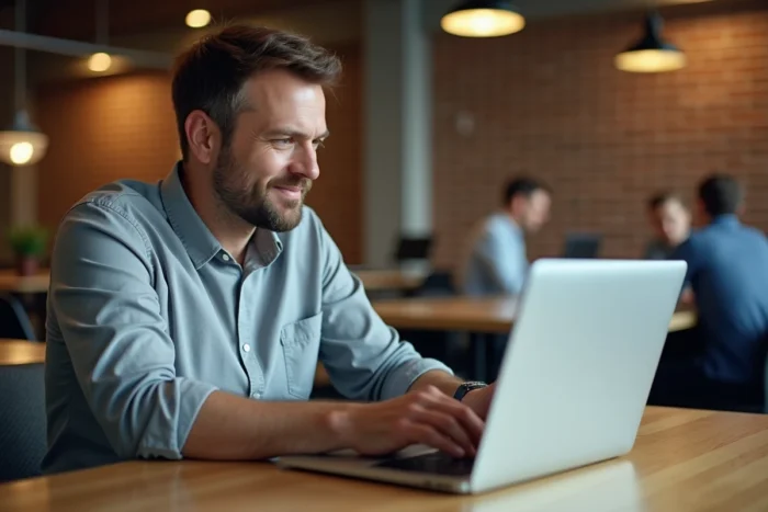 Homme en espace de coworking créant un devis professionnel en ligne sur son ordinateur portable