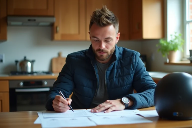 Homme consultant des documents d'assurance moto à une table de cuisine en bois, casque de moto posé à côté, ambiance domestique naturelle
