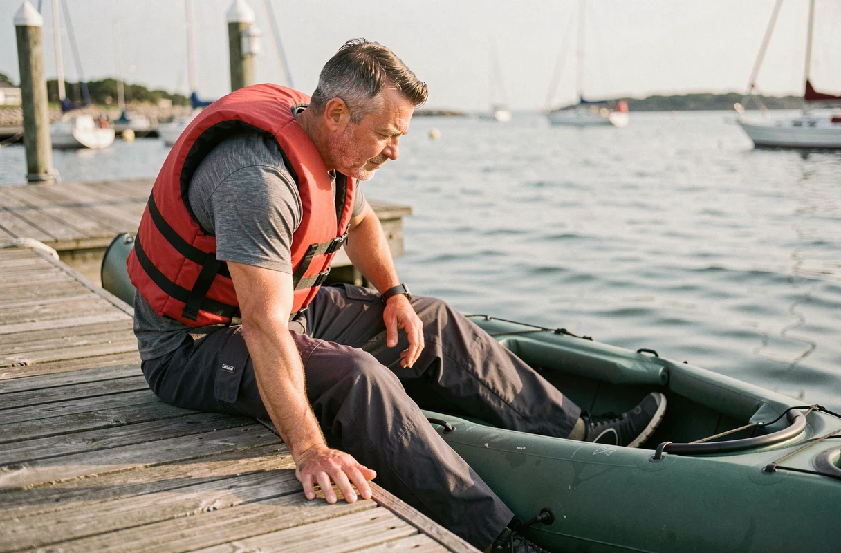 Homme glissant depuis un ponton dans un kayak gonflable vert avec gilet de sauvetage rouge