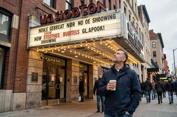 Homme devant une façade de cinéma urbain avec affiches de films et marquise illuminée