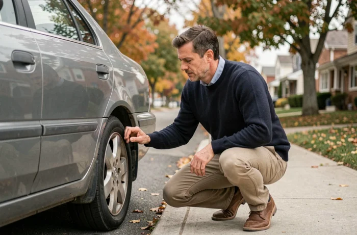 Homme inspectant minutieusement une berline familiale d'occasion dans une rue résidentielle pour évaluer son état avant achat selon son budget