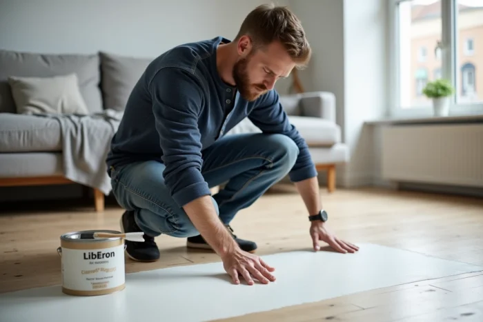 Homme inspectant une surface de parquet peinte avec la peinture Libéron dans un salon scandinave