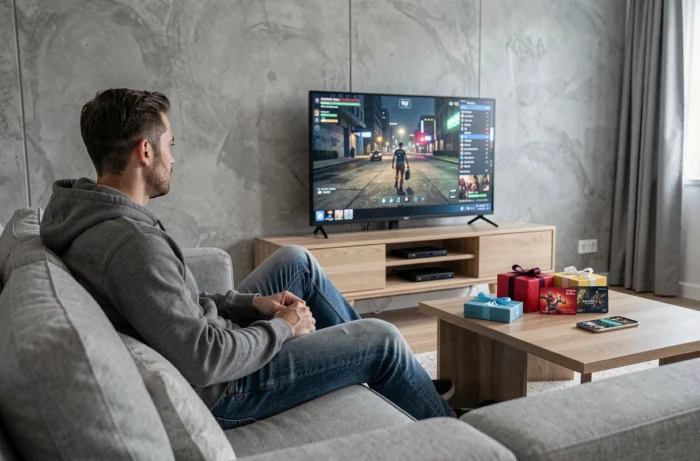 Homme jouant à un jeu en ligne sur grand écran avec des cartes cadeaux posées sur la table basse