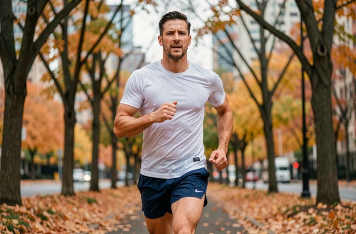 Homme qui fait du jogging sur un chemin urbain en automne dans le cadre d'une routine minceur durable