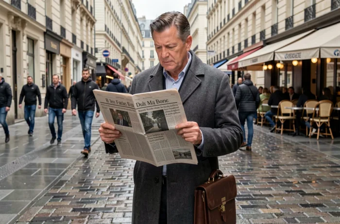 Homme d'affaires lisant un journal papier dans une rue animée de la ville