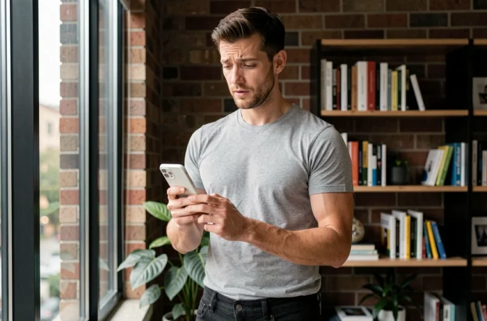 Homme naviguant dans les demandes de suivi Instagram sur smartphone dans un appartement urbain moderne