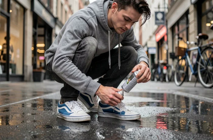 Jeune homme appliquant un spray imperméabilisant sur ses Vans Old Skool blanches sur un trottoir mouillé après la pluie
