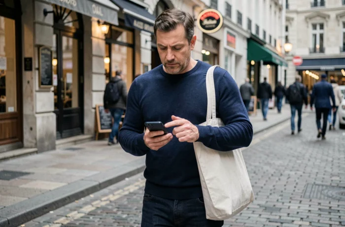 Homme consultant son smartphone Android dans une rue urbaine européenne
