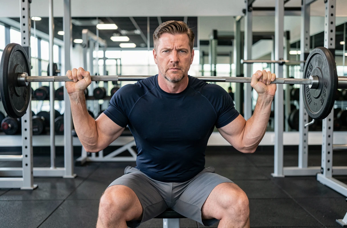Homme en tenue de sport exécutant un squat avec barre dans une salle de gym moderne
