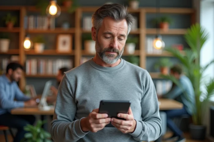 Homme consultant les dernières tendances et nouvelles sur une tablette dans un espace de coworking