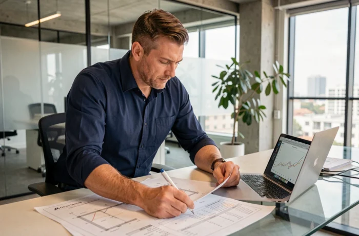 Ingénieur civil français consultant des plans et documents salariaux dans un bureau moderne vitré