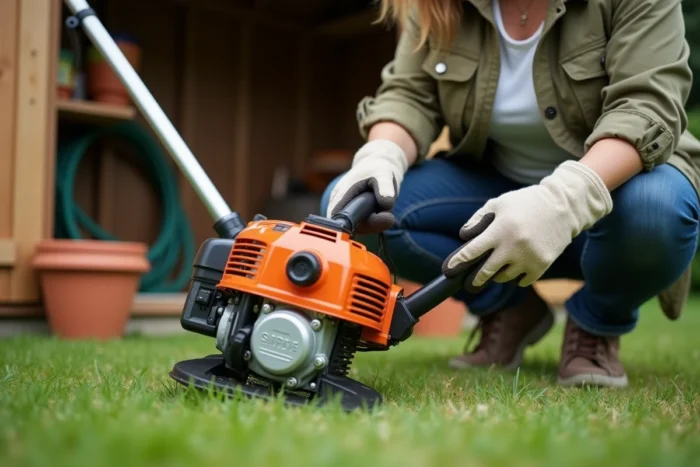 Femme inspectant la tête de coupe et le fil nylon d'un coupe-bordure thermique posé sur la pelouse devant un abri de jardin