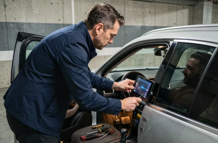 Homme installant un écran tactile aftermarket dans le tableau de bord d'un SUV moderne dans un parking souterrain