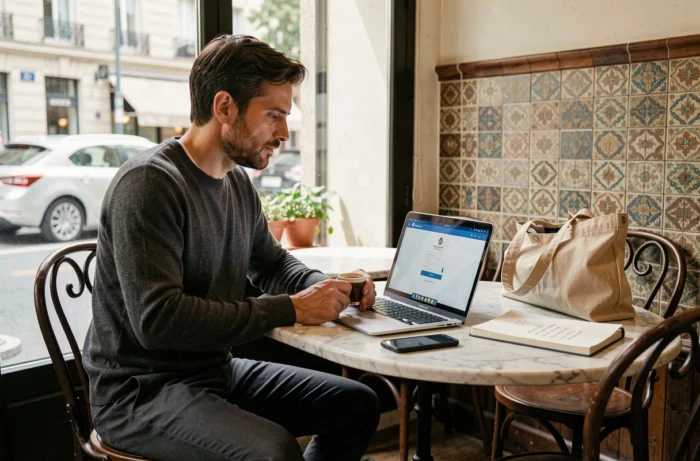 Agent de la ville de Paris accédant à IntraParis en télétravail depuis un café parisien avec son ordinateur portable