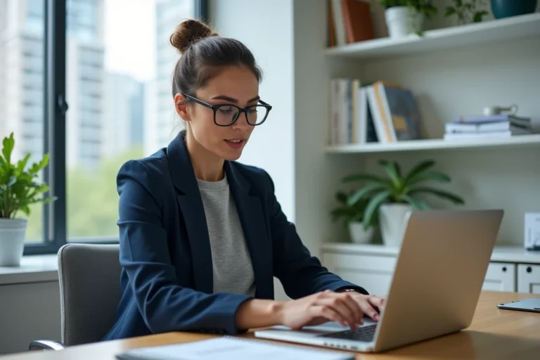 Femme professionnelle analysant des annonces immobilières en ligne sur un ordinateur portable dans un bureau moderne à domicile