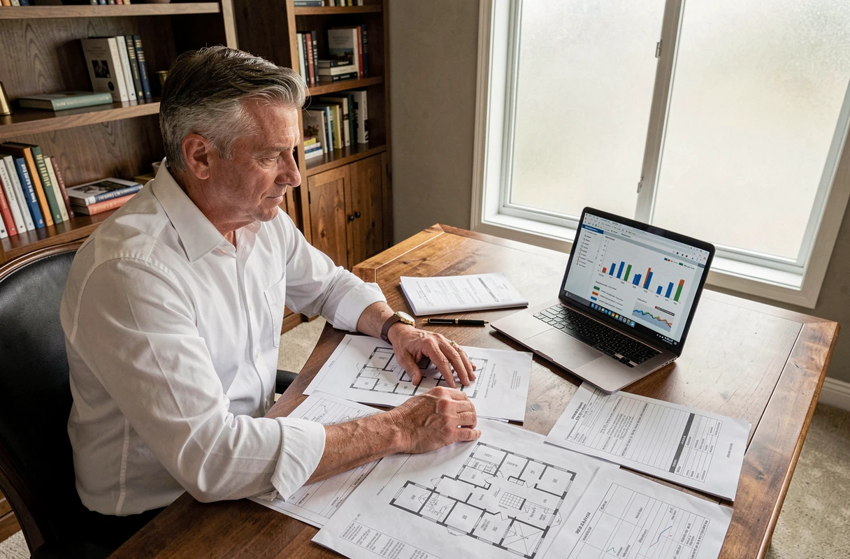 Investisseur immobilier analysant des plans et données financières dans un bureau à domicile, stratégie de placement immobilier