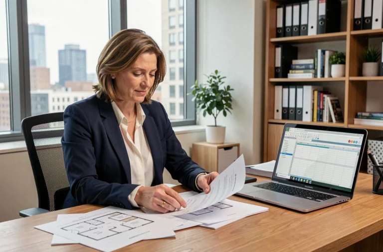 Investisseuse immobilière analysant des documents et plans de propriété dans un bureau moderne avec vue sur la ville