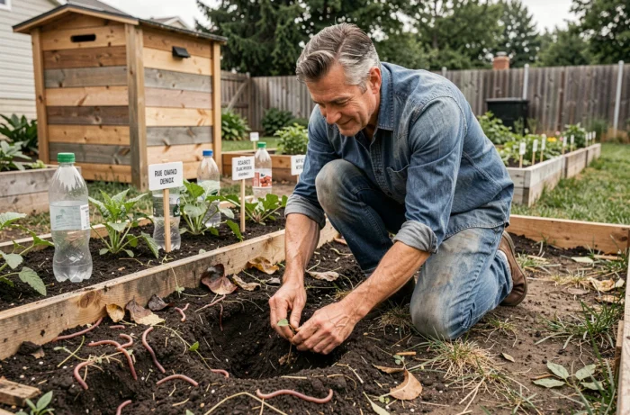 Homme jardinage potager bio avec compost dans un jardin urbain durable
